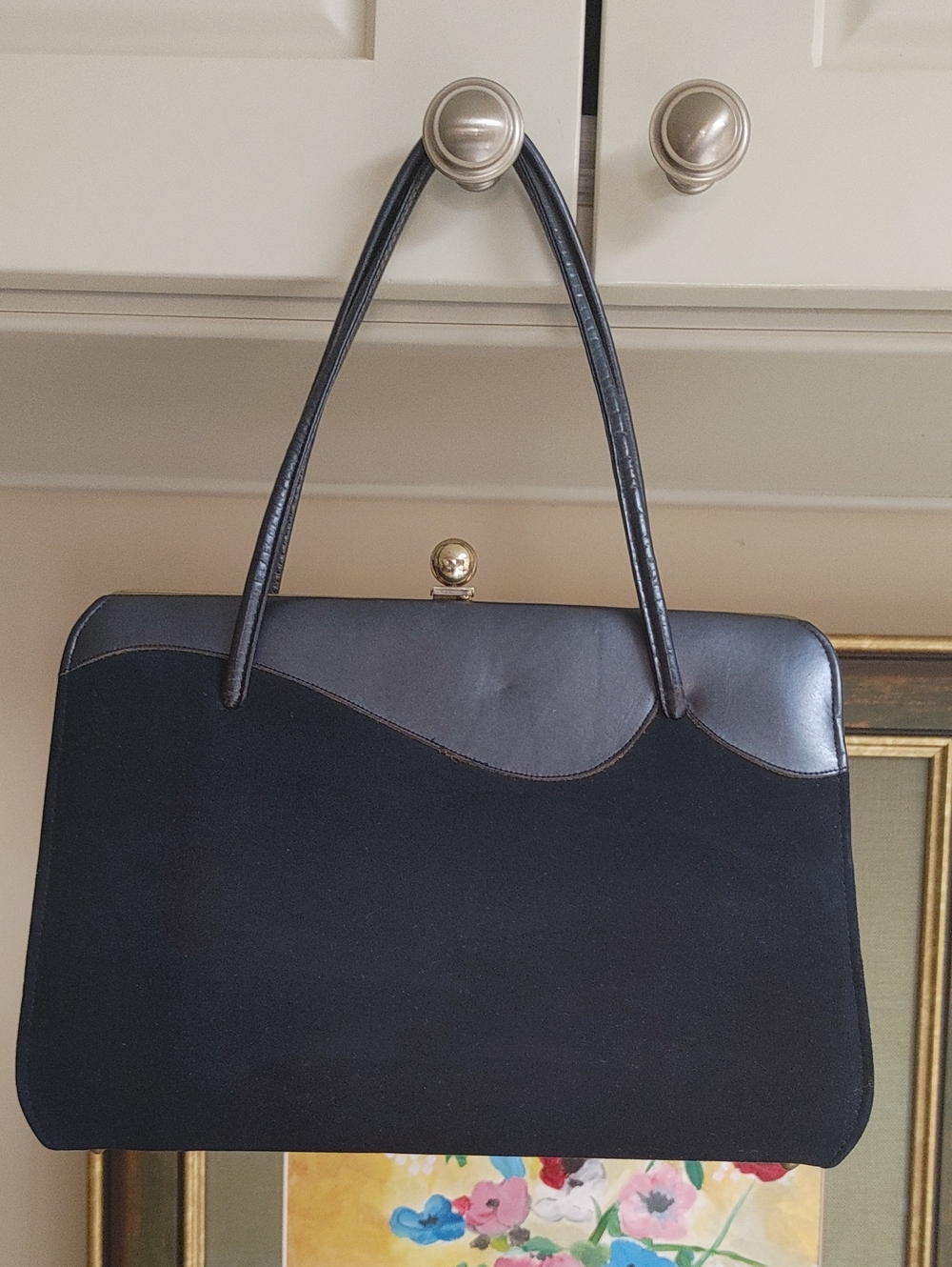 Vintage Peacock Shoes 1940s-50s Classic Navy Women's Leather and Suede Handbag